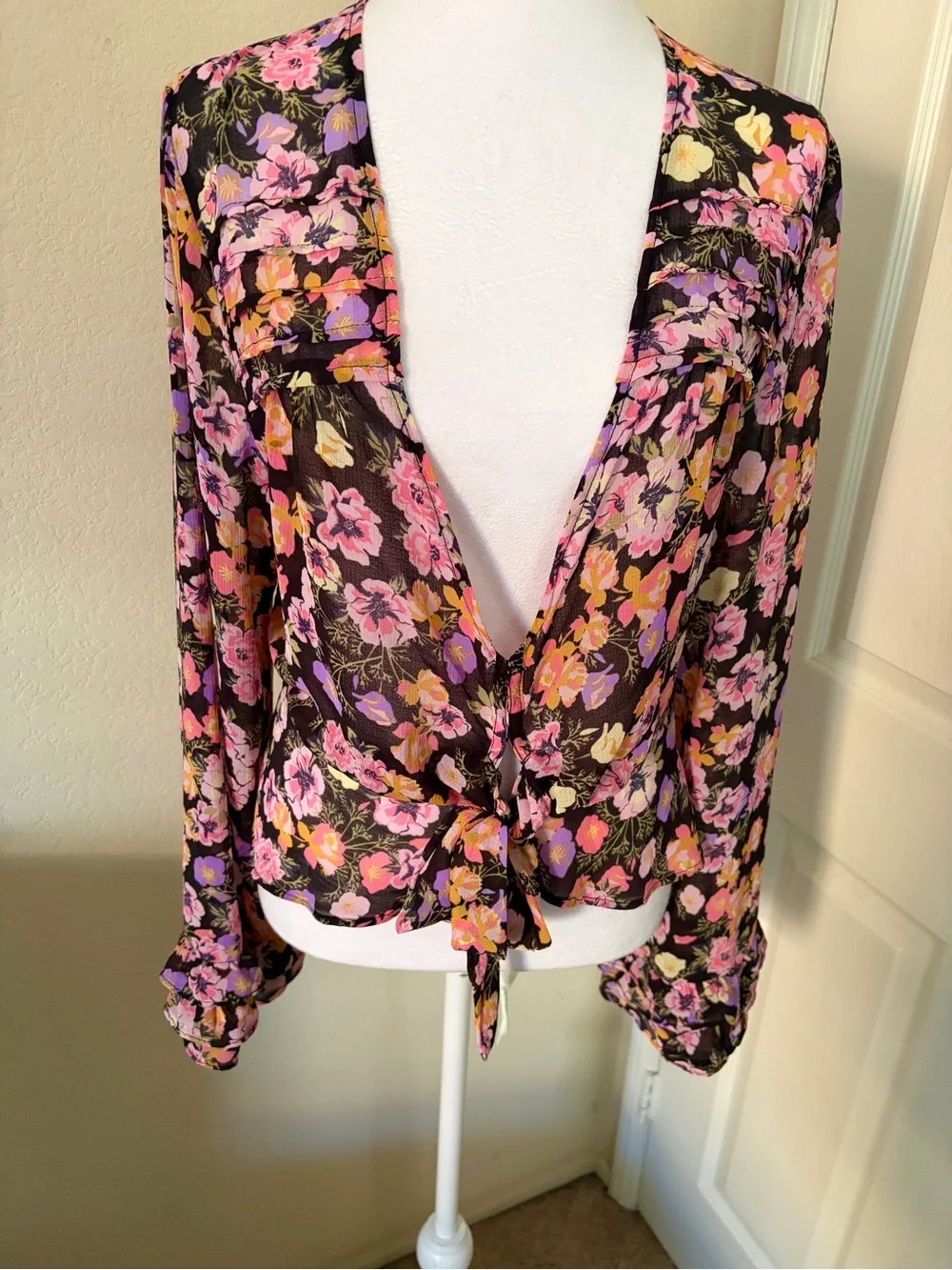 Free People Black Blouse with Pink, Purple & Yellow Floral Print Tie Front